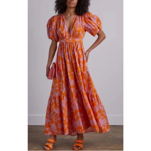 XIRENA Larkyn Orange Pink Print Puff Sleeve Tiered Maxi Dress Pocket Size Medium - Picture 1 of 15